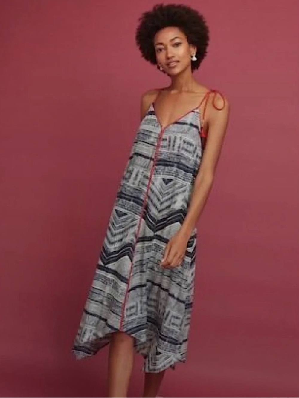 Blue & White Asymmetrical Spaghetti-Strap Dress with Red Trim
